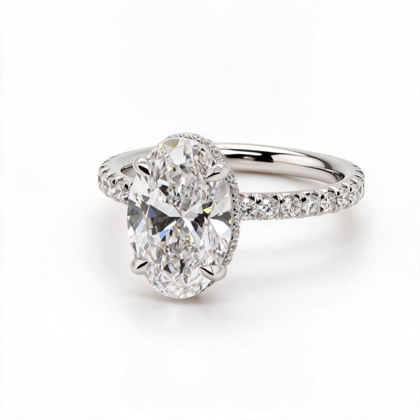 Oval-Cut Diamond Engagement Ring in Platinum with Wraparound Hidden Halo and Pavé Band Custom Engagement Rings 2