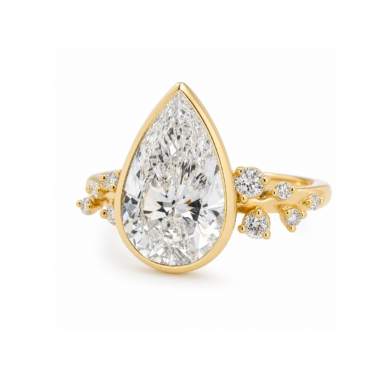 Pear-Cut Diamond Bezel Ring in 18k Yellow Gold with Scattered Diamond Band Custom Engagement Rings