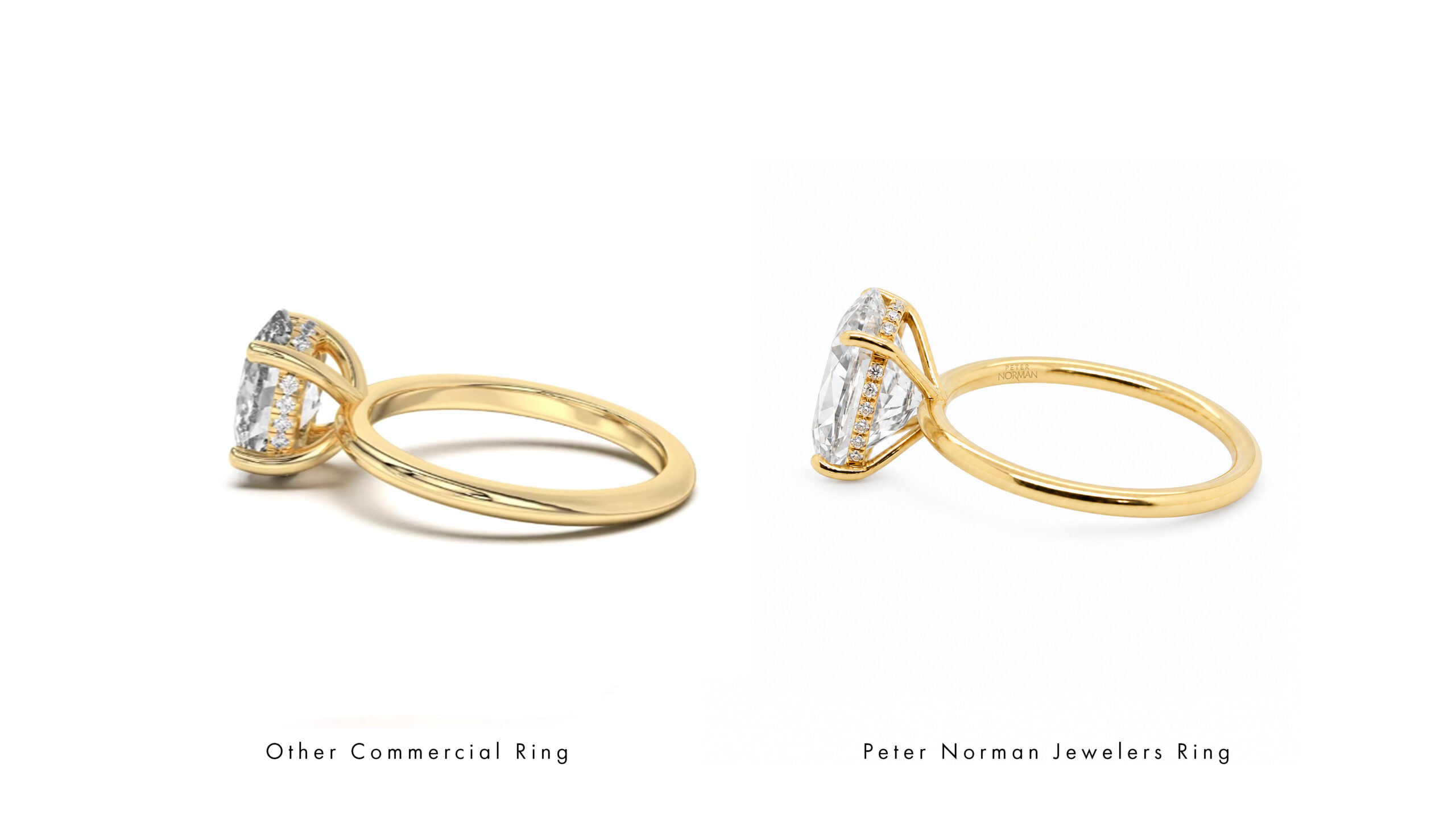 Side-by-side comparison of a mass-produced pav&eacute; engagement ring and a Peter Norman Jewelers handcrafted pav&eacute; engagement ring, shown in profile