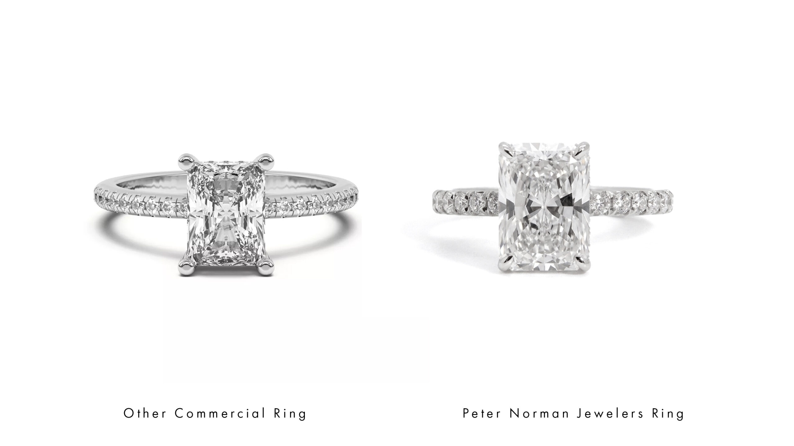 Side-by-side comparison of a mass-produced radiant-cut engagement ring and a Peter Norman Jewelers handcrafted radiant-cut engagement ring