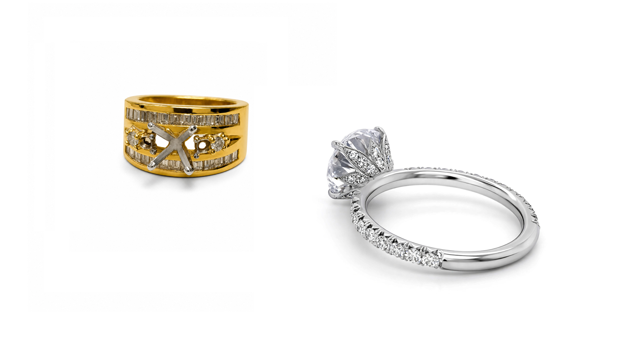 Before and after example of an engagement ring redesign by Peter Norman Jewelers: the original mounting on the left, the finished handcrafted ring on the right