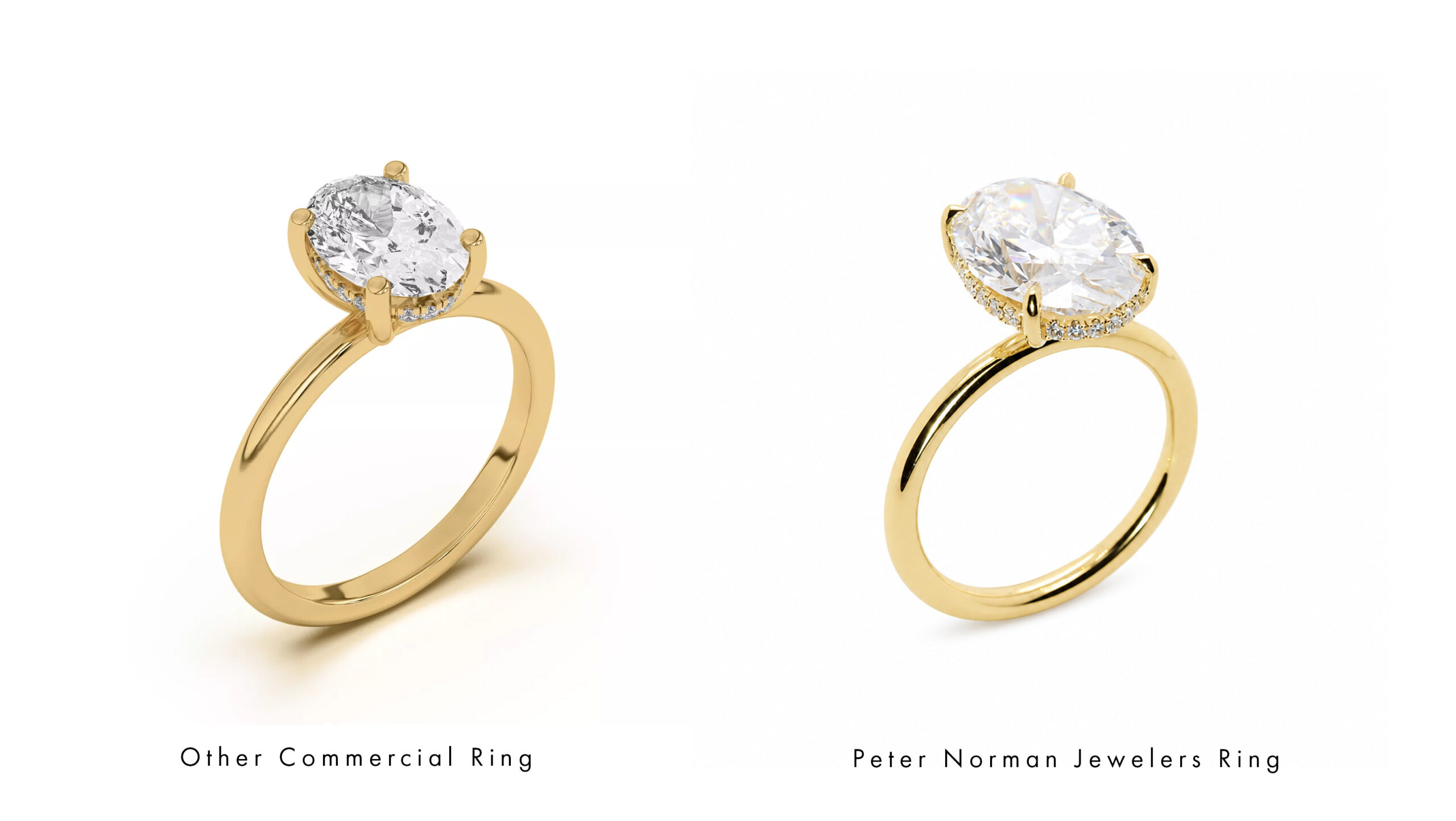 Side-by-side comparison of a mass-produced oval halo engagement ring and a Peter Norman Jewelers handcrafted oval halo engagement ring