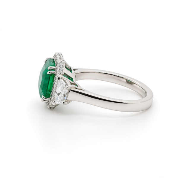 Asscher-Cut Emerald Ring with Pavé Halo and Half-Moon Diamond Side Stones Custom Jewelry 4