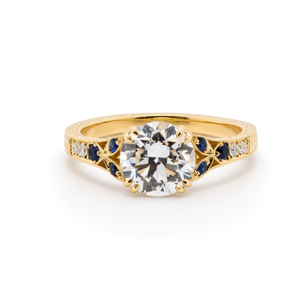 Old European Cut Diamond Ring in 18k Yellow Gold with Blue Sapphires, Hand Engraving, and Milgrain Detail Custom Engagement Rings 3