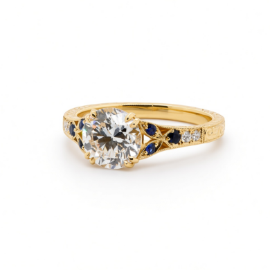 Old European Cut Diamond Ring in 18k Yellow Gold with Blue Sapphires, Hand Engraving, and Milgrain Detail Custom Engagement Rings