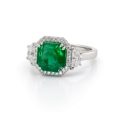 Asscher-Cut Emerald Ring with Pavé Halo and Half-Moon Diamond Side Stones Custom Jewelry