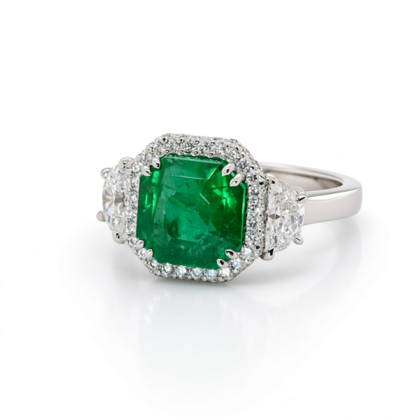 Asscher-Cut Emerald Ring with Pavé Halo and Half-Moon Diamond Side Stones Custom Jewelry 2