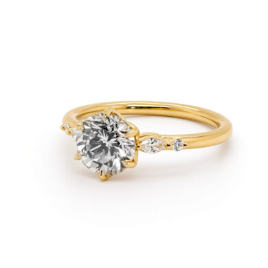 Round Brilliant Diamond Ring with Floral Prongs and Marquise and Round Side Stones Custom Engagement Rings
