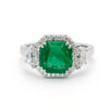 Asscher-Cut Emerald Ring with Pavé Halo and Half-Moon Diamond Side Stones Custom Jewelry 6
