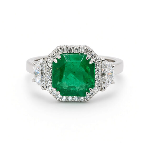 Asscher-Cut Emerald Ring with Pavé Halo and Half-Moon Diamond Side Stones Custom Jewelry 3