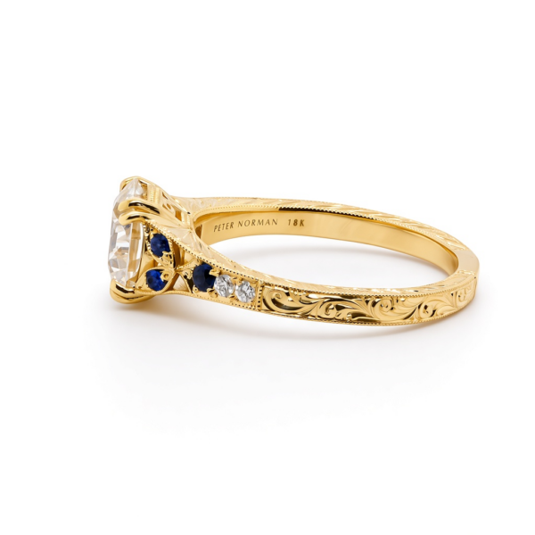 Old European Cut Diamond Ring in 18k Yellow Gold with Blue Sapphires, Hand Engraving, and Milgrain Detail Custom Engagement Rings 4