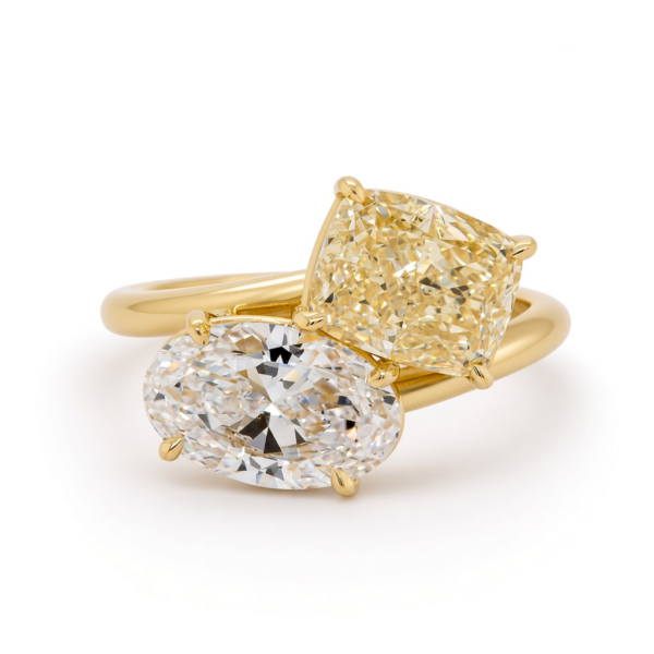 White Oval and Yellow Elongated Cushion Diamond Toi et Moi Ring Custom Jewelry 3