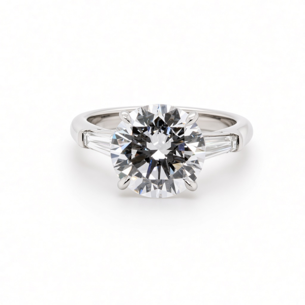Round Brilliant Diamond Ring in Platinum with Tapered Baguettes and Floral Prongs Custom Engagement Rings 3