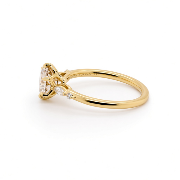 Round Brilliant Diamond Ring with Floral Prongs and Marquise and Round Side Stones Custom Engagement Rings 4