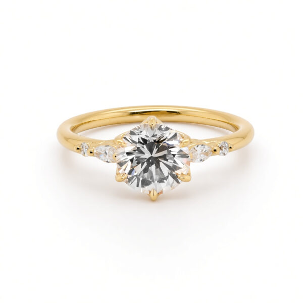 Round Brilliant Diamond Ring with Floral Prongs and Marquise and Round Side Stones Custom Engagement Rings 3