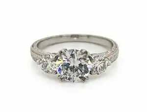 Round Three Stone Ring with Engraved Band Custom Engagement Rings 2