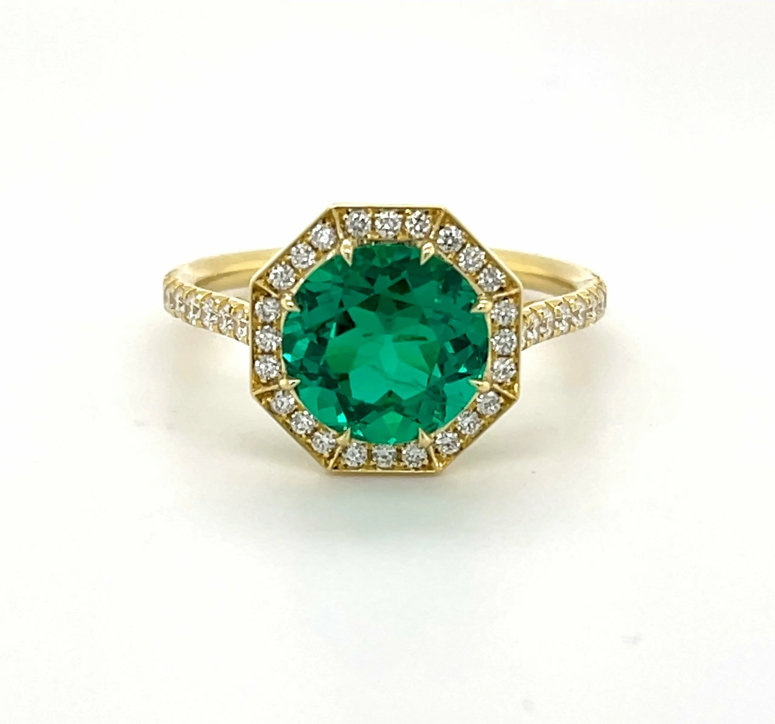 Round Emerald Ring in an 18k Yellow Gold Octagonal Setting Fine Colored Gemstone Rings 2