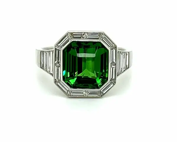Tsavorite Garnet Ring With Diamond Baguette Halo and Band Fine Colored Gemstone Rings 2