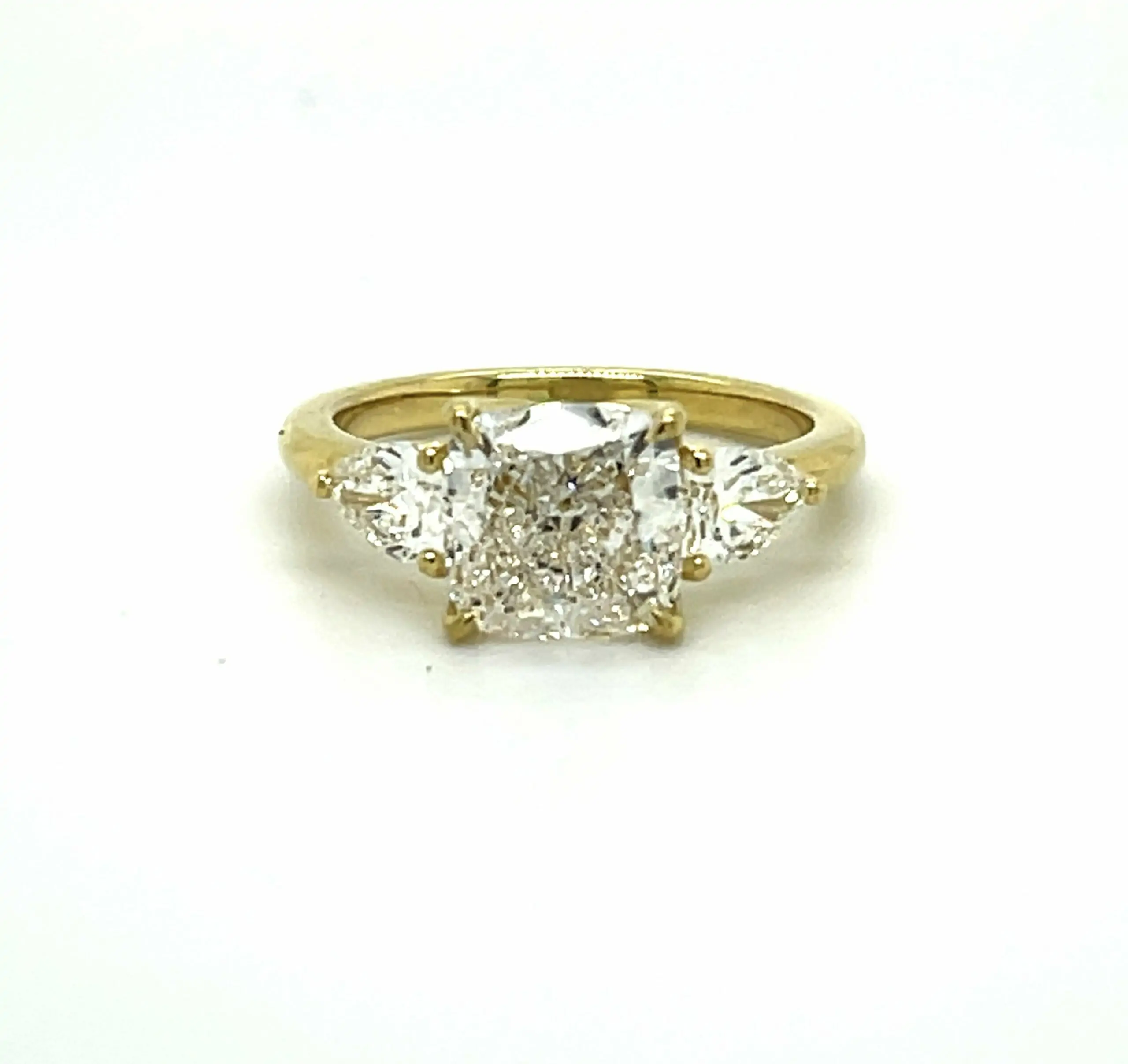 Cushion and Pear Three-Stone Ring in Yellow Gold Custom Engagement Rings 2
